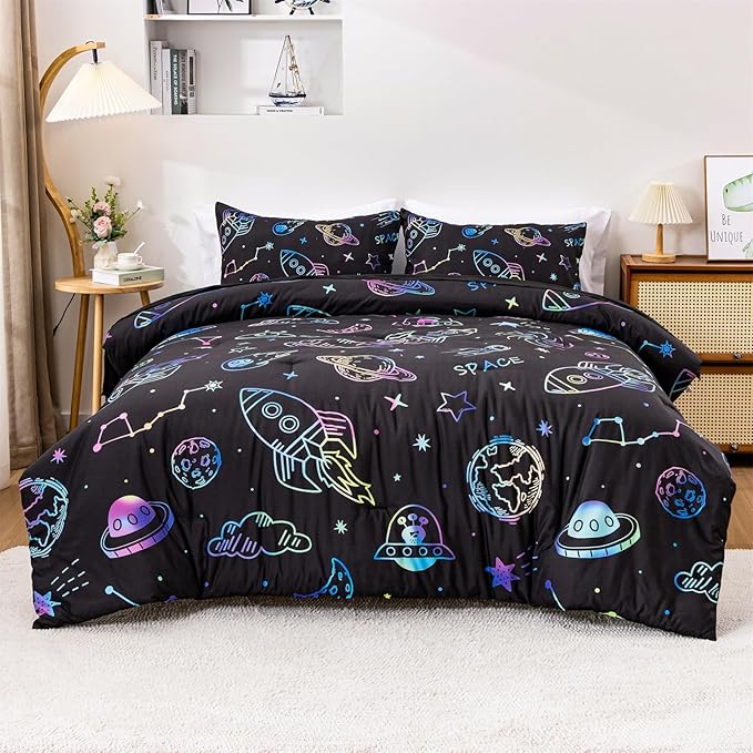 Aimuan Space Comforter Twin Set Kids Rocket Bedding Set Super Soft & Cute Aliens UFO Printed for Boys Girls Teen (Black, Twin 5Pcs) - LeafyLoom