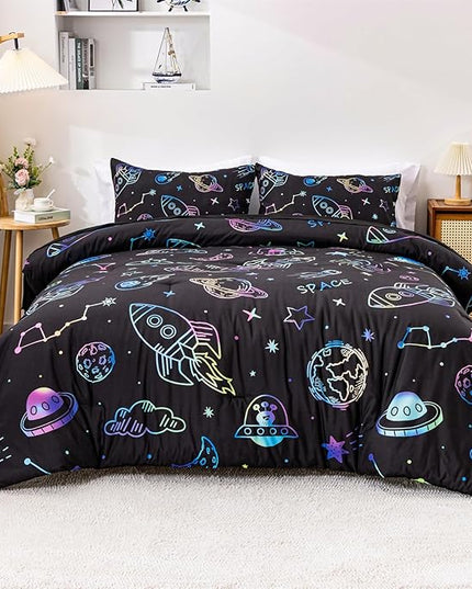 Aimuan Space Comforter Twin Set Kids Rocket Bedding Set Super Soft & Cute Aliens UFO Printed for Boys Girls Teen (Black, Full 5Pcs) - LeafyLoom
