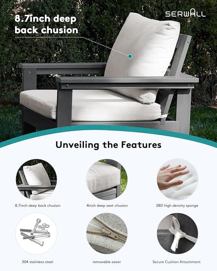 SERWALL HDPE Patio Coversation Set, 7-piece Outdoor Sectional Sofa Set, All Weather Patio Couch Set Patio Furniture for Balcony, Deck, Grey Frame with Khaki Cushion - LeafyLoom