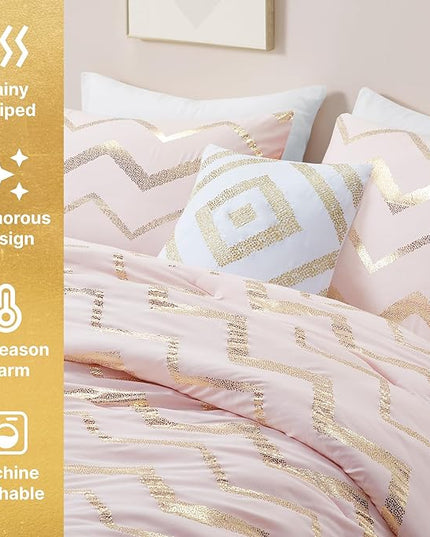 Codi King Size Bedding Sets Pink - Metallic Print Blush Comforter Set - 4 Piece includes 1 Rose Gold Comforter, 1 Decorative Pillow, 2 Pillow Cases - All Seasons Warm - LeafyLoom