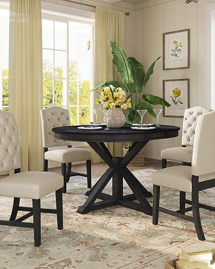 5-Piece Retro Round Dining Set with Extendable Table and 4 Upholstered Chairs for Kitchen, Breakfast Nook, Living Room, Espresso, 42"-54" L x 42" W x 30" H - LeafyLoom