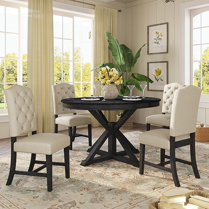 5-Piece Retro Round Dining Set with Extendable Table and 4 Upholstered Chairs for Kitchen, Breakfast Nook, Living Room, Espresso, 42"-54" L x 42" W x 30" H - LeafyLoom