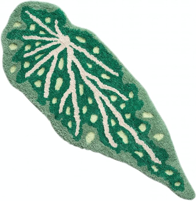 Begonia Non Slip Bath Mat or Kitchen Tufted Rug, Plant Leaf Shaped Kids Pets Floor Mat Carpet, Green, 45.3" x 16.3" - LeafyLoom
