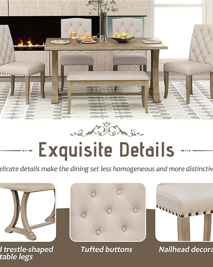 Retro Rustic Table, 6 Piece Farmhouse, Rectangular TrestleTable and Bench&4 Upholstered Chairs, Wooden Kitchen Furniture Set for Dining Room, Wood - LeafyLoom