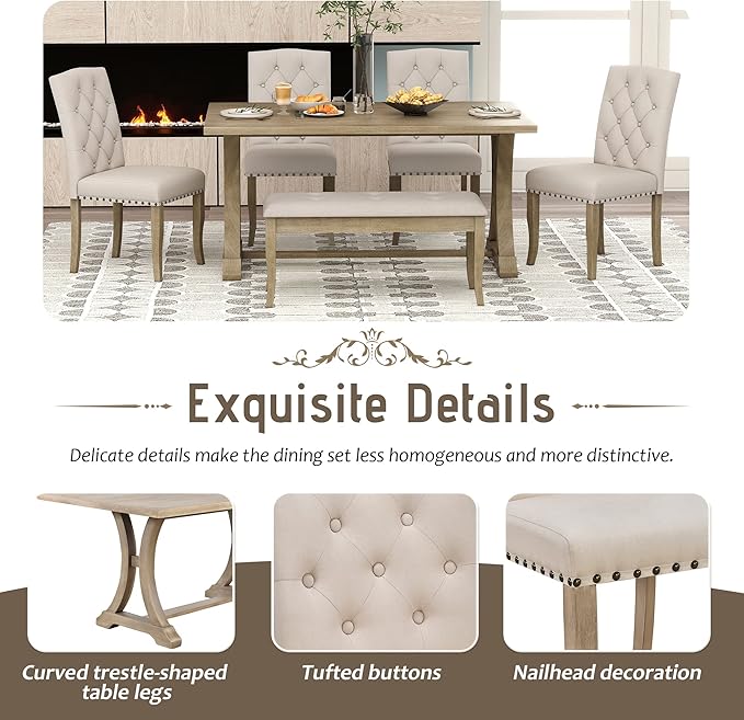 Retro Rustic Table, 6 Piece Farmhouse, Rectangular TrestleTable and Bench&4 Upholstered Chairs, Wooden Kitchen Furniture Set for Dining Room, Wood - LeafyLoom