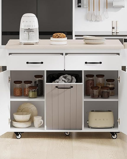 Kitchen Island with Trash Can Storage Cabinet, Kitchen Cart with Drop Leaf, Spice Rack, Towel Rack and Drawer, Rolling Kitchen Island on Wheels with Adjustable Shelf, White - LeafyLoom
