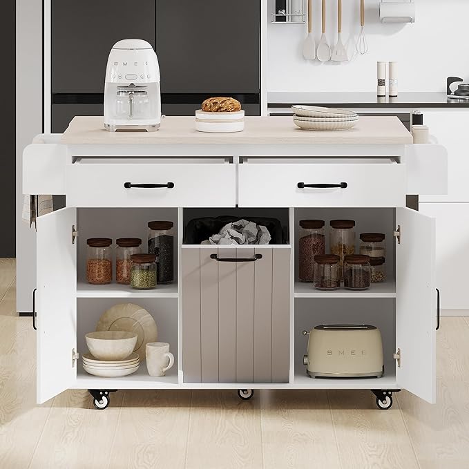 Kitchen Island with Trash Can Storage Cabinet, Kitchen Cart with Drop Leaf, Spice Rack, Towel Rack and Drawer, Rolling Kitchen Island on Wheels with Adjustable Shelf, White - LeafyLoom
