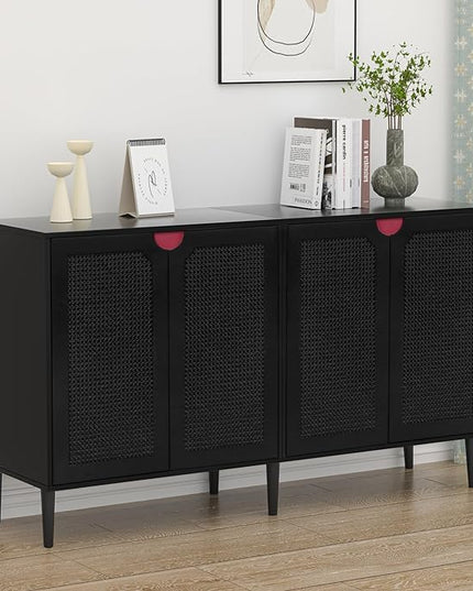 Anmytek Rattan Sideboard Buffet Cabinet with 4 Doors, Large Kitchen Storage Cabinet Black Sideboard with Adjustable Shelf Credenzas for Kitchen Living Room Hallway H0108 - LeafyLoom