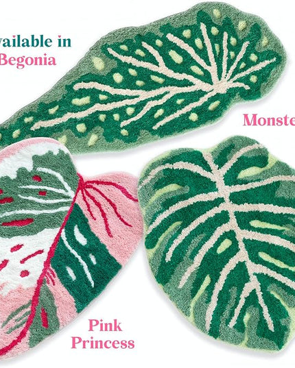 Begonia Non Slip Bath Mat or Kitchen Tufted Rug, Plant Leaf Shaped Kids Pets Floor Mat Carpet, Green, 45.3" x 16.3" - LeafyLoom