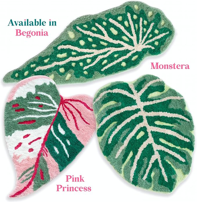 Pink Princess Non Slip Bath Mat or Kitchen Tufted Rug, Plant Leaf Shaped Kids Pets Floor Mat Carpet, Green, 32" x 24" - LeafyLoom