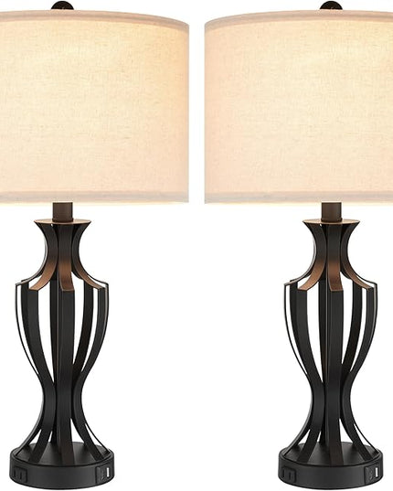 23.25'' Metal Table Lamp Set of 2 for Living Room, 3-Way Touch Control Black Iron Scroll Table Lamps with USB Ports and AC Outlets(Bulbs Included) - LeafyLoom