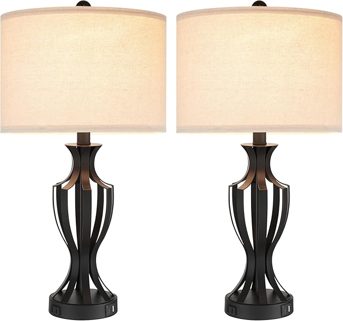 23.25'' Metal Table Lamp Set of 2 for Living Room, 3-Way Touch Control Black Iron Scroll Table Lamps with USB Ports and AC Outlets(Bulbs Included) - LeafyLoom