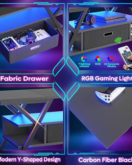 Bestier LED Entertainment Center with Power Outlets Gaming TV Stand for TV up to 65 Inch 55” TV Game Console for Living Room Bedroom Removable Drawer 20 Dynamic RGB Modes, Carbon Fiber Black - LeafyLoom