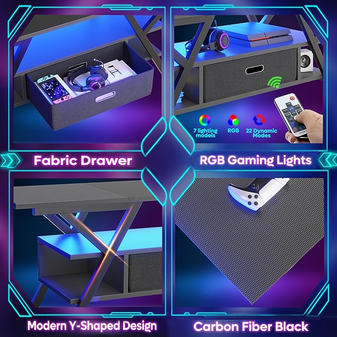 Bestier LED Entertainment Center with Power Outlets Gaming TV Stand for TV up to 65 Inch 55” TV Game Console for Living Room Bedroom Removable Drawer 20 Dynamic RGB Modes, Carbon Fiber Black - LeafyLoom