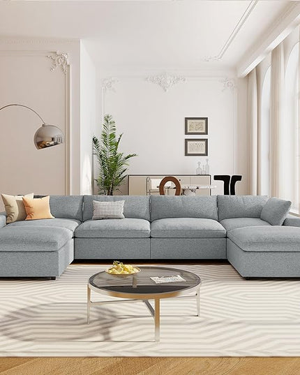 152.8" U-Shaped Down Filled Modular Sectional Sofa with 2 Removable Ottoman, Modern 6-Seat Convertible Upholstered Couch for Living Room, Apartment, Spacious Space, Light Gray, 152.8 Inch - LeafyLoom