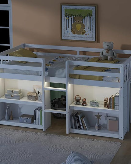 LED Twin Size Low Loft Bed for Kids,Twin Loft Bed with Storage Shelves,Kids Low Loft Bed Frame with LED Light,Space Saving, White - LeafyLoom