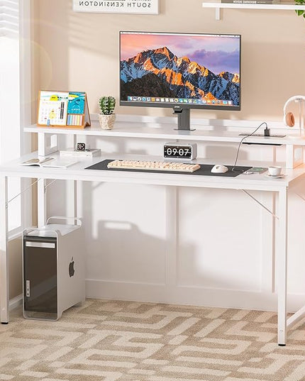 Computer Desk with USB Power Outlets and LED Lights, 47 inch Gaming desk with Monitor Stand for Small Space Home Office, Modern Simple Study Writing Table PC Desks, White - LeafyLoom