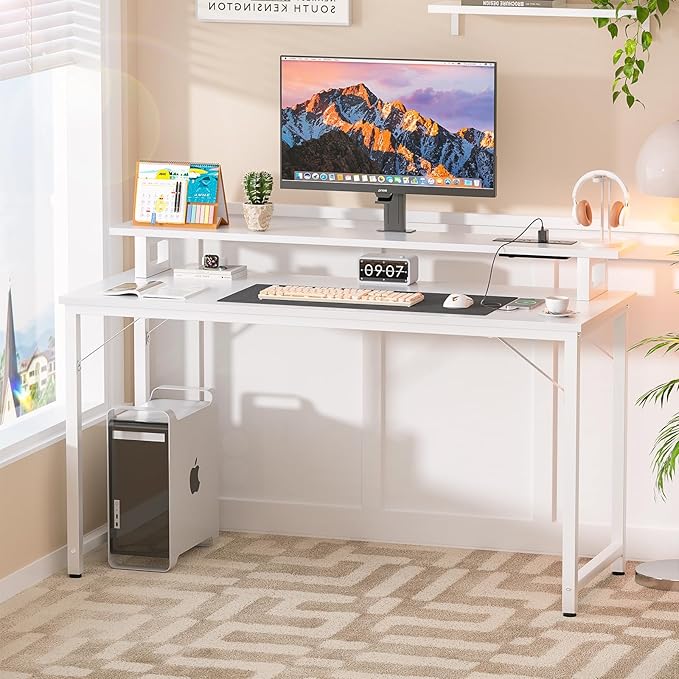 Computer Desk with USB Power Outlets and LED Lights, 47 inch Gaming desk with Monitor Stand for Small Space Home Office, Modern Simple Study Writing Table PC Desks, White - LeafyLoom