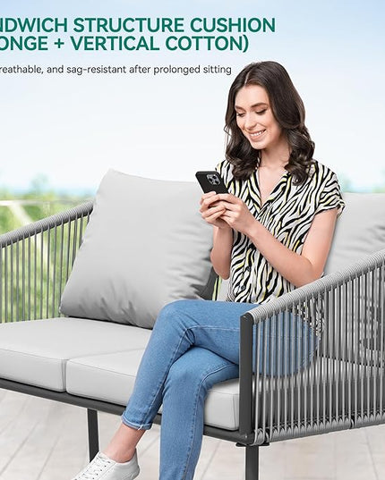 YITAHOME 4-Piece Patio Furniture Outdoor Bistro Set, All Weather Double Gray Rope Conversation Loveseat for Backyard, Balcony, Deck with Soft Cushions and Metal Table (Gray) - LeafyLoom