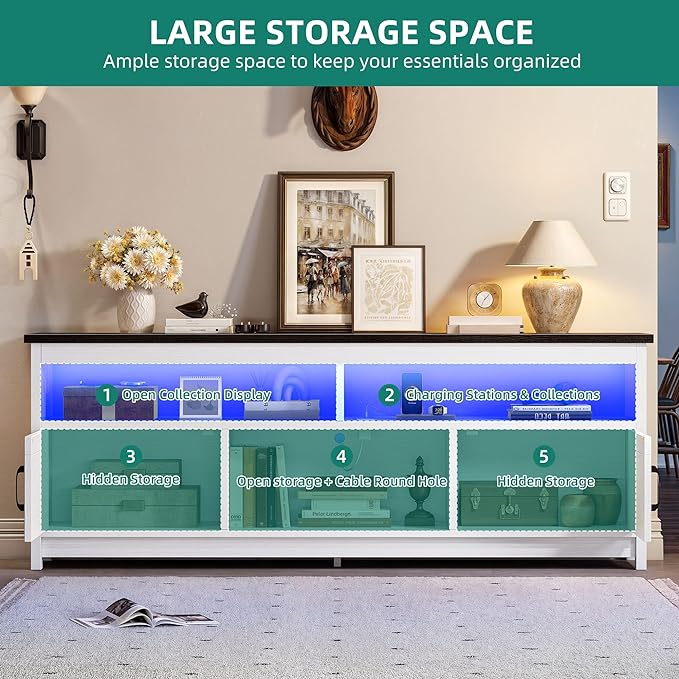 YITAHOME LED TV Stand for 75 65 Inch TV w/Power Outlets, Small Media Console with Storage Cabinets, Farmhouse Entertainment Center Table TV Cabinet for Living Room, 65'' Large TV Stand, Black/White - LeafyLoom