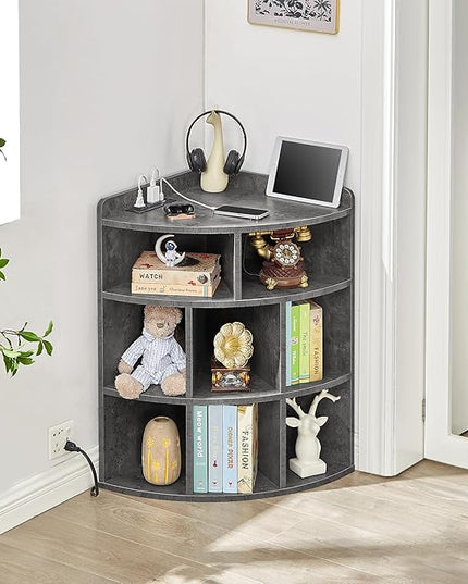 Vecelo Corner Cabinet with Charging Station, 3-Tier Cube Storage Organizer with USB Ports and Outlets, Triangle Bookcases with 8 Cubbies for Playroom, Bedroom, Living Room, Grey - LeafyLoom