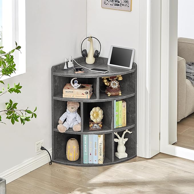 Vecelo Corner Cabinet with Charging Station, 3-Tier Cube Storage Organizer with USB Ports and Outlets, Triangle Bookcases with 8 Cubbies for Playroom, Bedroom, Living Room, Grey - LeafyLoom