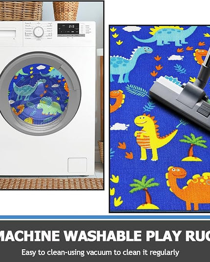 Capslpad Blue Dinosaur Kids Play Rugs for Boys Bedroom Colourful Cartoon Dinosaur Decor Kids Area Rug Non-Slip Washable Dinosaur Carpet Rugs for Kids Room,Playroom,Nursery Room Decor,5'×6.6' - LeafyLoom