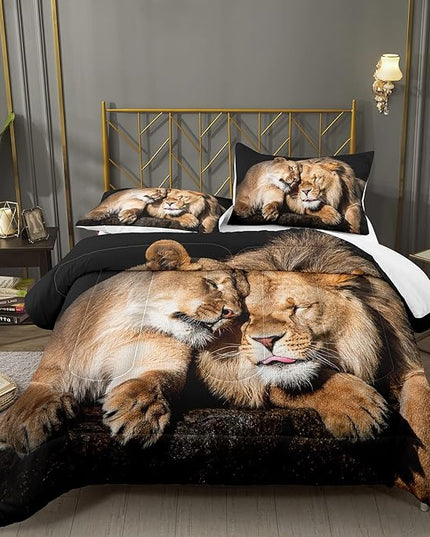 Bodhi Lover Couple Lion Comforter Set King Soft Microfiber Lion Bedding Set King Size Animal Comforter Set with Pillowcases,1 Comforter+2 Pillow Shams #4004 - LeafyLoom