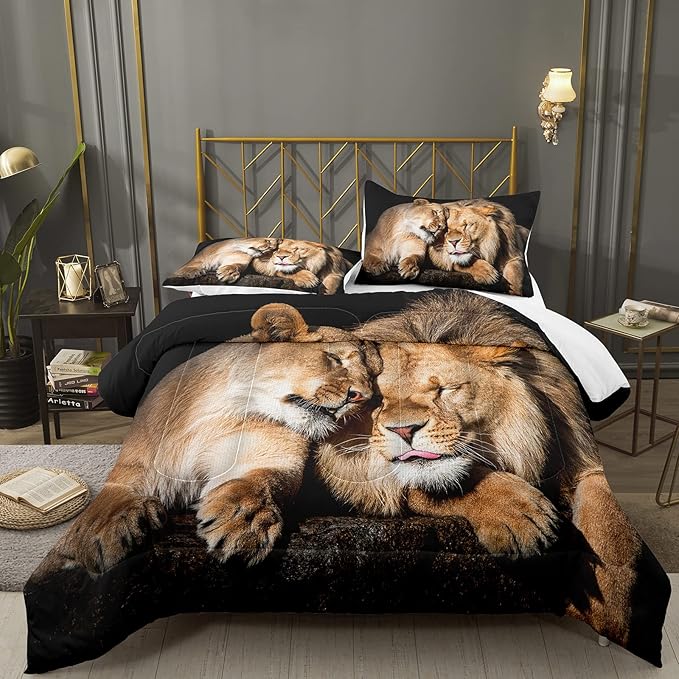 Bodhi Lover Couple Lion Comforter Set King Soft Microfiber Lion Bedding Set King Size Animal Comforter Set with Pillowcases,1 Comforter+2 Pillow Shams #4004 - LeafyLoom