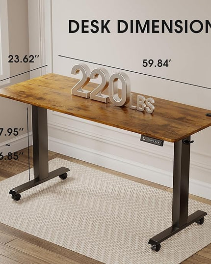 Electric Standing Desk 60 Inch, Ergonomic Height Adjustable Table with T-Shaped Metal Bracket Modern Computer Workstations for Home Office, Rustic Brown - LeafyLoom