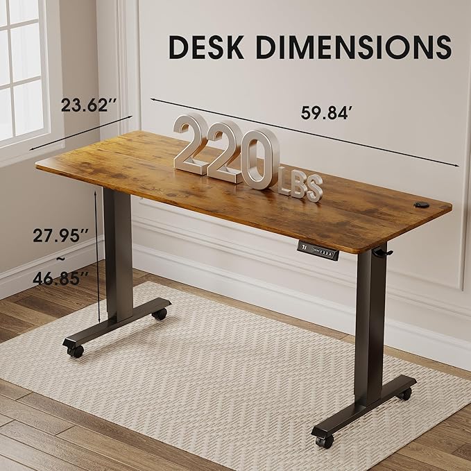 Electric Standing Desk 55 Inch, Ergonomic Height Adjustable Table with T-Shaped Metal Bracket Modern Computer Workstations for Home Office, Rustic Brown - LeafyLoom