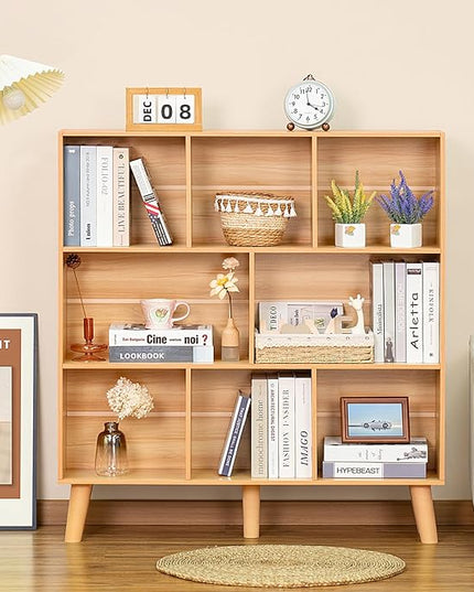 LEYAOYAO Wooden 8 Cube Book Shelf, Natural 3 Tier Bookshelf with Legs, Modern Open Storage Organizer,Boho Bookcase,Display Cabinet Shelf Free Standing Bookshelves for Bedroom,Living Room,Office - LeafyLoom