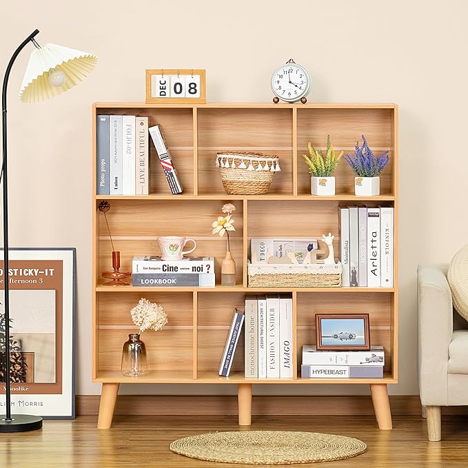 LEYAOYAO Wooden 8 Cube Book Shelf, Natural 3 Tier Bookshelf with Legs, Modern Open Storage Organizer,Boho Bookcase,Display Cabinet Shelf Free Standing Bookshelves for Bedroom,Living Room,Office - LeafyLoom
