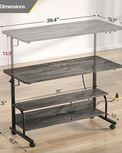 Height Adjustable Standing Desk with Power Outlets, 39" Manual Stand Up Desk with Storage Shelves Small Mobile Rolling Computer Desk Portable Laptop Table with Wheels for Home Office, Grey Oak - LeafyLoom