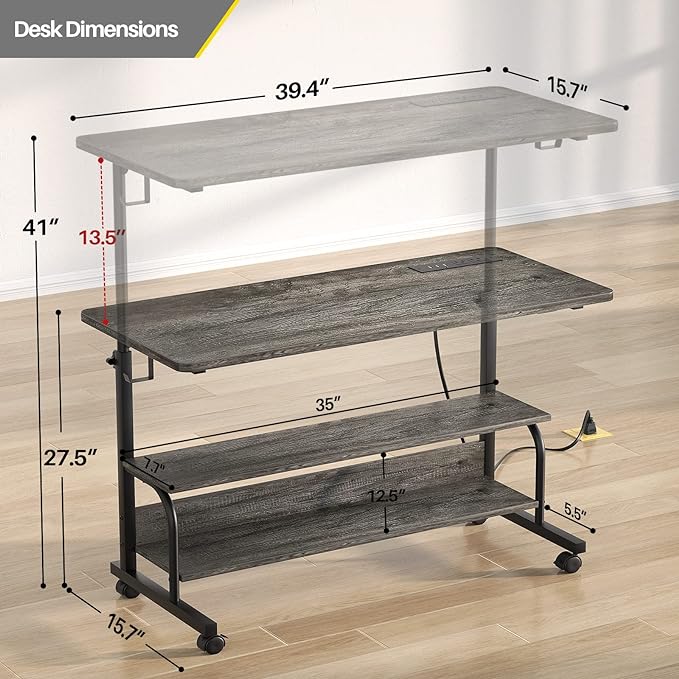 Height Adjustable Standing Desk with Power Outlets, 39" Manual Stand Up Desk with Storage Shelves Small Mobile Rolling Computer Desk Portable Laptop Table with Wheels for Home Office, Grey Oak - LeafyLoom