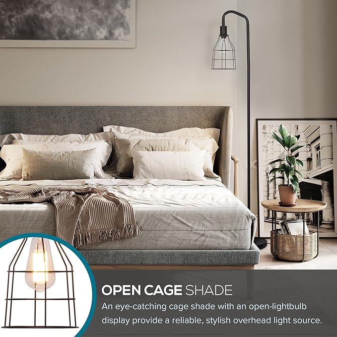 Catalina Lighting 24289-000 Modern Floor Lamp with Caged Shade for Office, Living Room, Dorm or Bedroom, Smart Home Compatible, Bulb Not Included, 60", Black - LeafyLoom
