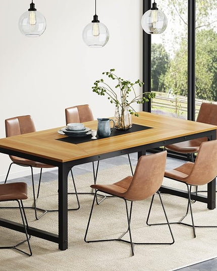 70.9 Inch Large Dining Table Rectangular Kitchen Furniture for 6 to 8 People, Walnut+Black - LeafyLoom