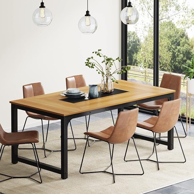 70.9 Inch Large Dining Table Rectangular Kitchen Furniture for 6 to 8 People, Walnut+Black - LeafyLoom