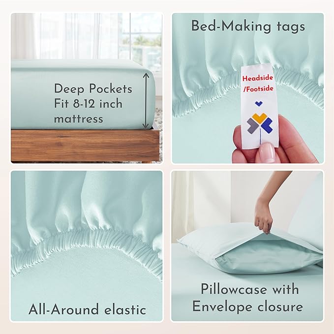 California Design Den Soft 100% Cotton Sheets Twin Size Bed Sheet Sets with Deep Pockets, 3 Pc Twin Sheets with Sateen Weave for Dorm Rooms, College, Cooling Sheets (Seafoam) - LeafyLoom