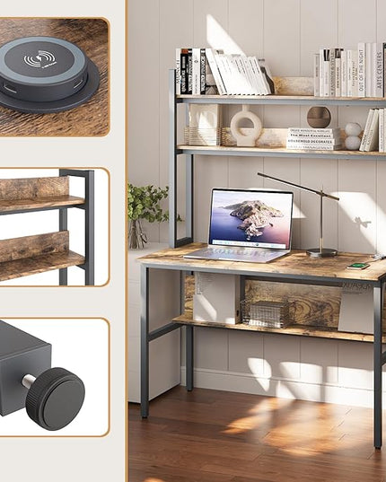 47 Inch Computer Desk with Desktop Wireless Charger, Home Office Desk with Bookshelf, Writing Desk with Storage Shelves for Home Office, Craft Table with Hutch Rustic - LeafyLoom