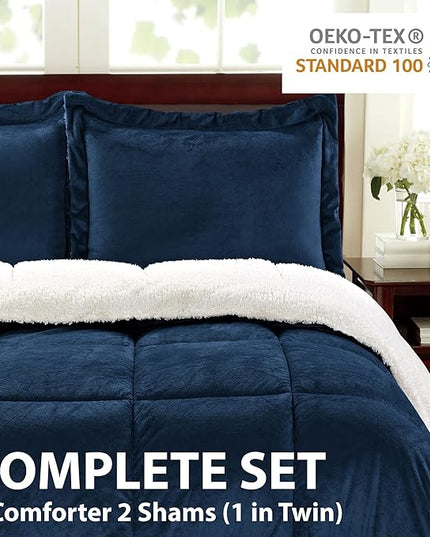 Cathay Home King Comforter Set: Ultra Soft and Plush Reversible Micromink and Sherpa 3-Piece Bedding Set, Navy, King (102" x 90") - LeafyLoom