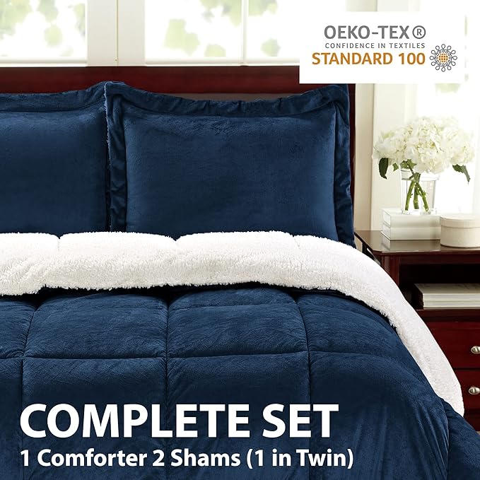 Cathay Home King Comforter Set: Ultra Soft and Plush Reversible Micromink and Sherpa 3-Piece Bedding Set, Navy, King (102" x 90") - LeafyLoom
