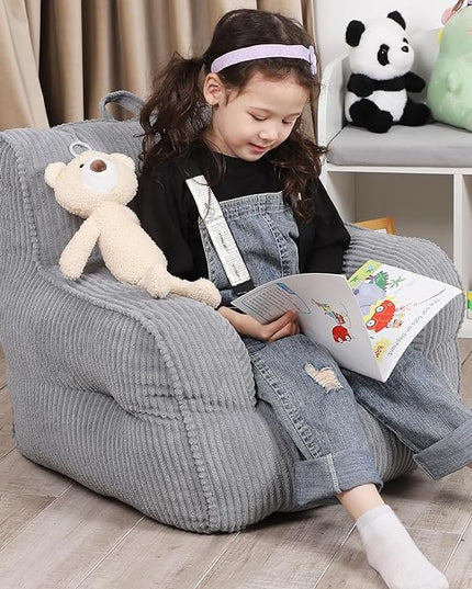 Kids Bean Bag Chair with a Plush Bear, Comfy Toddler Chair for Boys and Girls, Grey - LeafyLoom