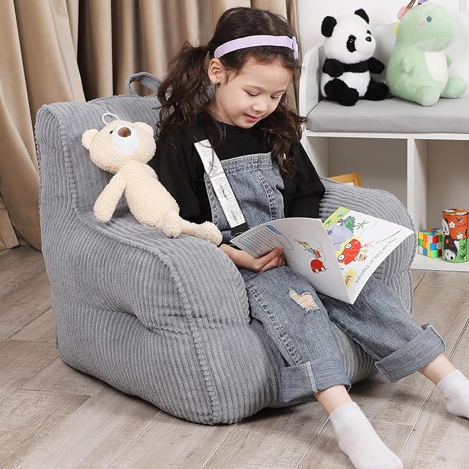 Kids Bean Bag Chair with a Plush Bear, Comfy Toddler Chair for Boys and Girls, Grey - LeafyLoom