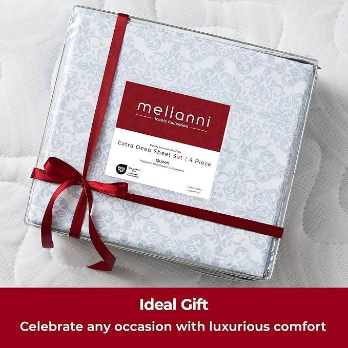 Mellanni Extra Deep King Sheets - 4 PC Iconic Collection Bedding Sheets & Pillowcases - Hotel Luxury, Ultra Soft, Cooling Bed Sheets - Extra Deep Pocket up to 21 inch (King, Laced Sky Blue) - LeafyLoom