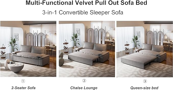 3 in 1 Oversized Love Seat Sofá Convertible Queen Size Sofabed with 2 Lumbar Pillows, Loveseat Sofa W/Pull Out Sleeper Couch Bed for Home,Office,Apartment,RV Living Room, 70.1", Grey - LeafyLoom