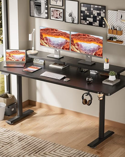 Electric Standing Desk with Monitor Shelf, 63 x 27 Inches Height Adjustable Corner Table, Computer Workstation with Cup Holder and Hook for Home Office, Black, 63x27 Inch - LeafyLoom