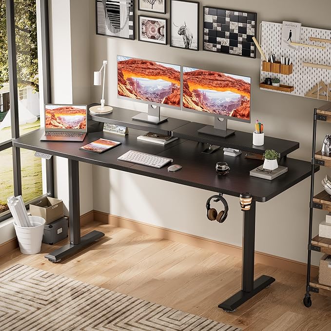 Electric Standing Desk with Monitor Shelf, 63 x 27 Inches Height Adjustable Corner Table, Computer Workstation with Cup Holder and Hook for Home Office, Black, 63x27 Inch - LeafyLoom