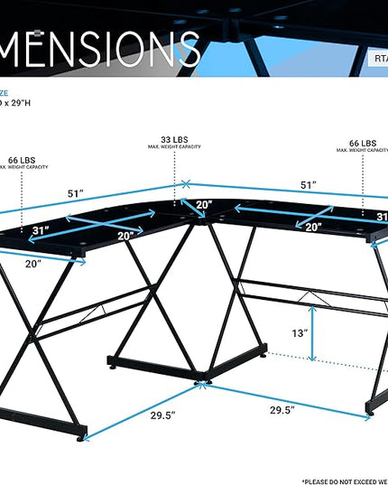 Techni Mobili RTA-3805L-BK L-Shaped Glass Computer Desk, Black, 51" D x 51" W x 29" H - LeafyLoom