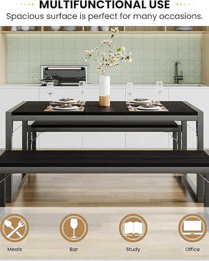 SHA CERLIN 3-Piece Dining Table Set with 2 Benches, Rustic Kitchen Table Set for 4-6, Space-Saving Dinette, Sturdy Structure, Easy Assemble, Black/Grey - LeafyLoom